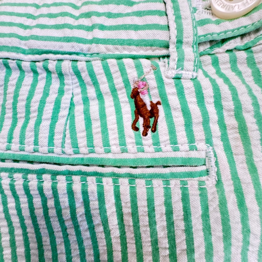 Ralph Lauren Girls Green White Striped Seersucker Shorts Size 7 Pony Logo